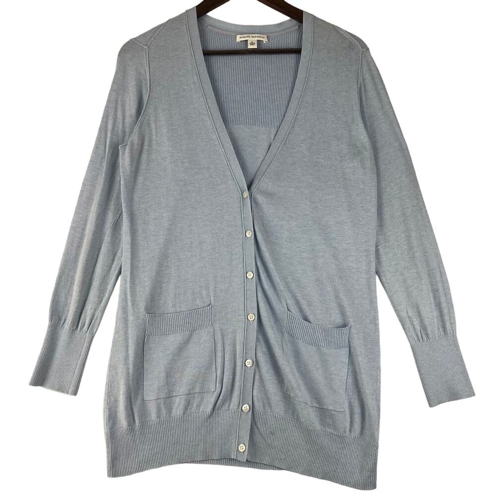 Banana Republic Womens Cardigan SZ L Light Blue V-Neck Pima Cotton/Cashmere